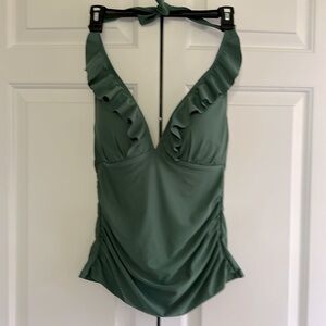 Ellen Tracy Tankini Top Pine Green Ruffle Halter Swimsuit Women's Size 8